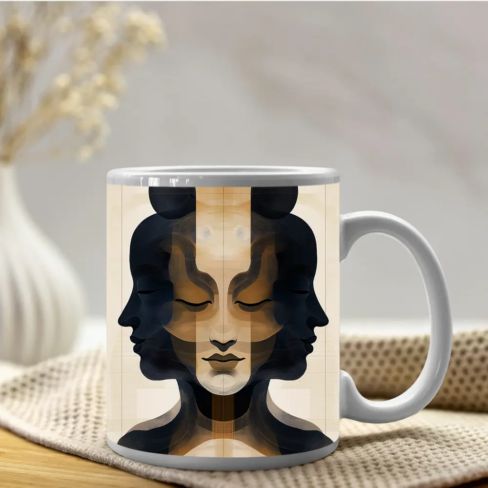 Symmetrical Women Faces Abstract Beige Art – Mugs