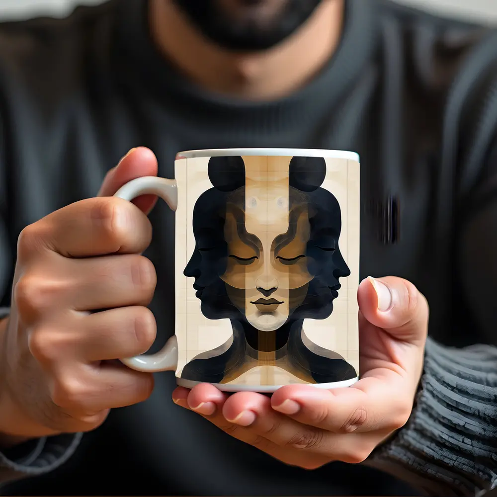 Symmetrical Women Faces Abstract Beige Art – Mugs