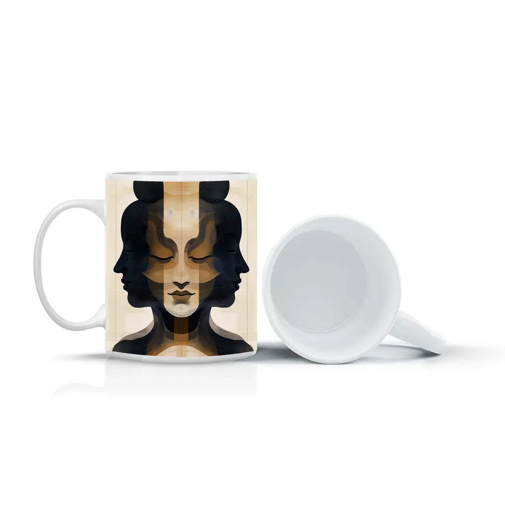 Symmetrical Women Faces Abstract Beige Art – Mugs