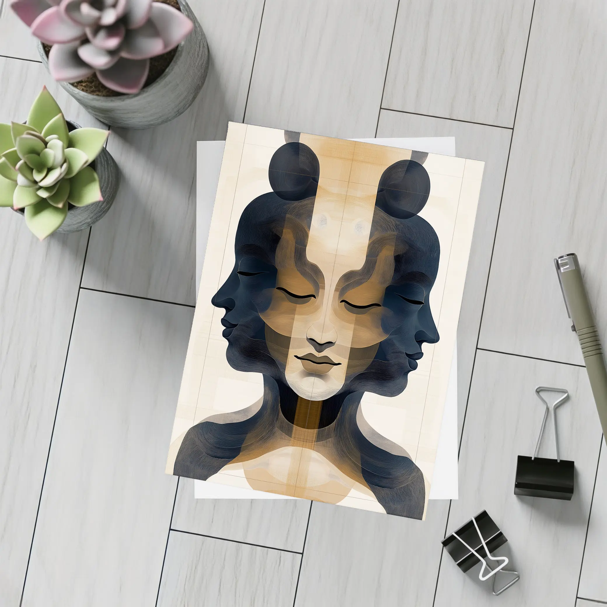 Symmetrical Women Faces Abstract Beige Art – Postcards