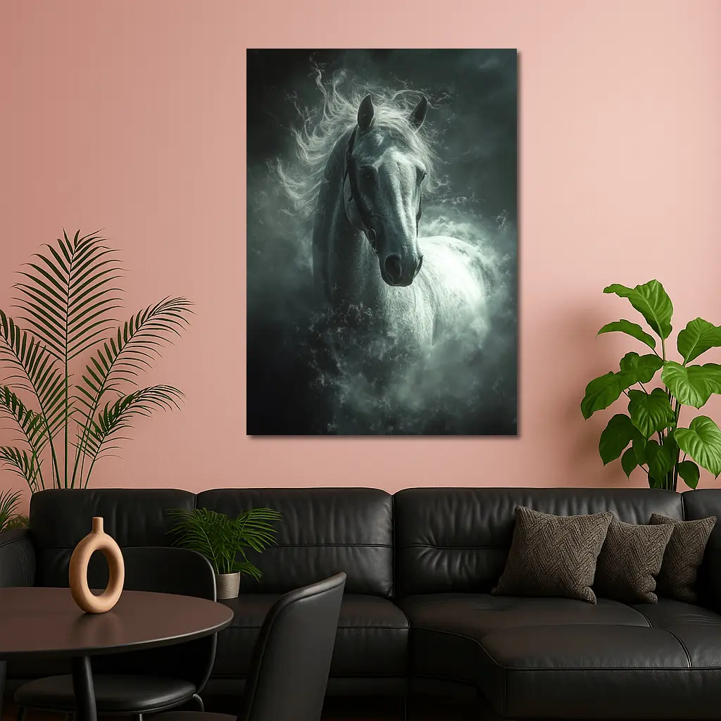 White Horse Emerging From Dark Misty Clouds – Wall Art