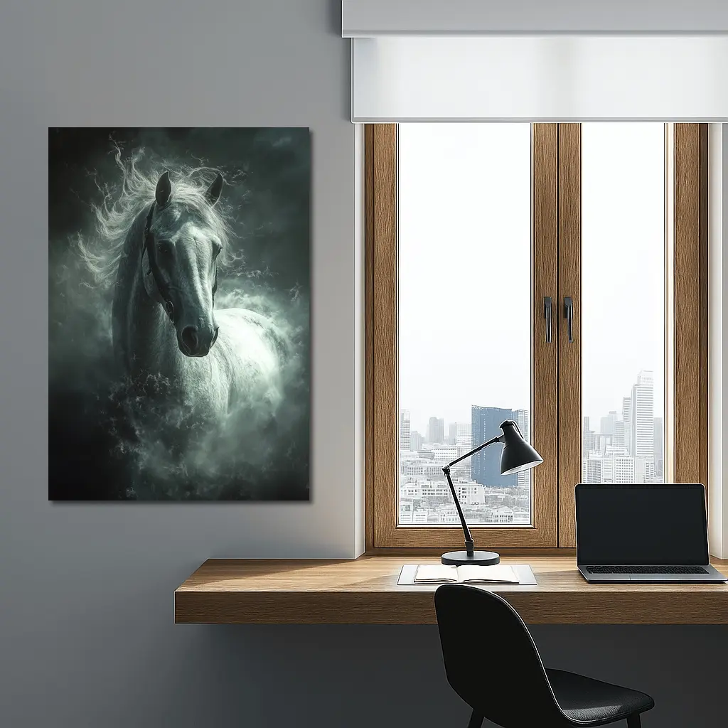 White Horse Emerging From Dark Misty Clouds – Wall Art