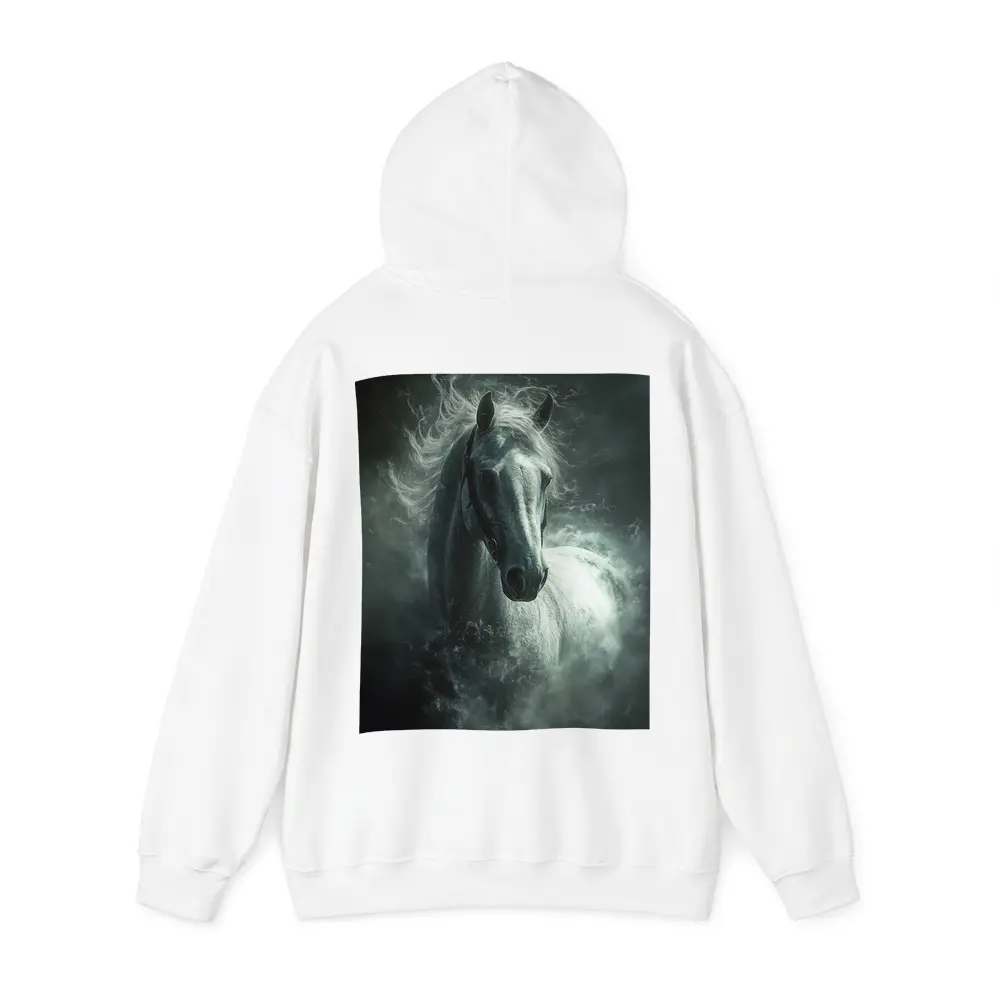 White Horse Emerging From Dark Misty Clouds – Hoodies