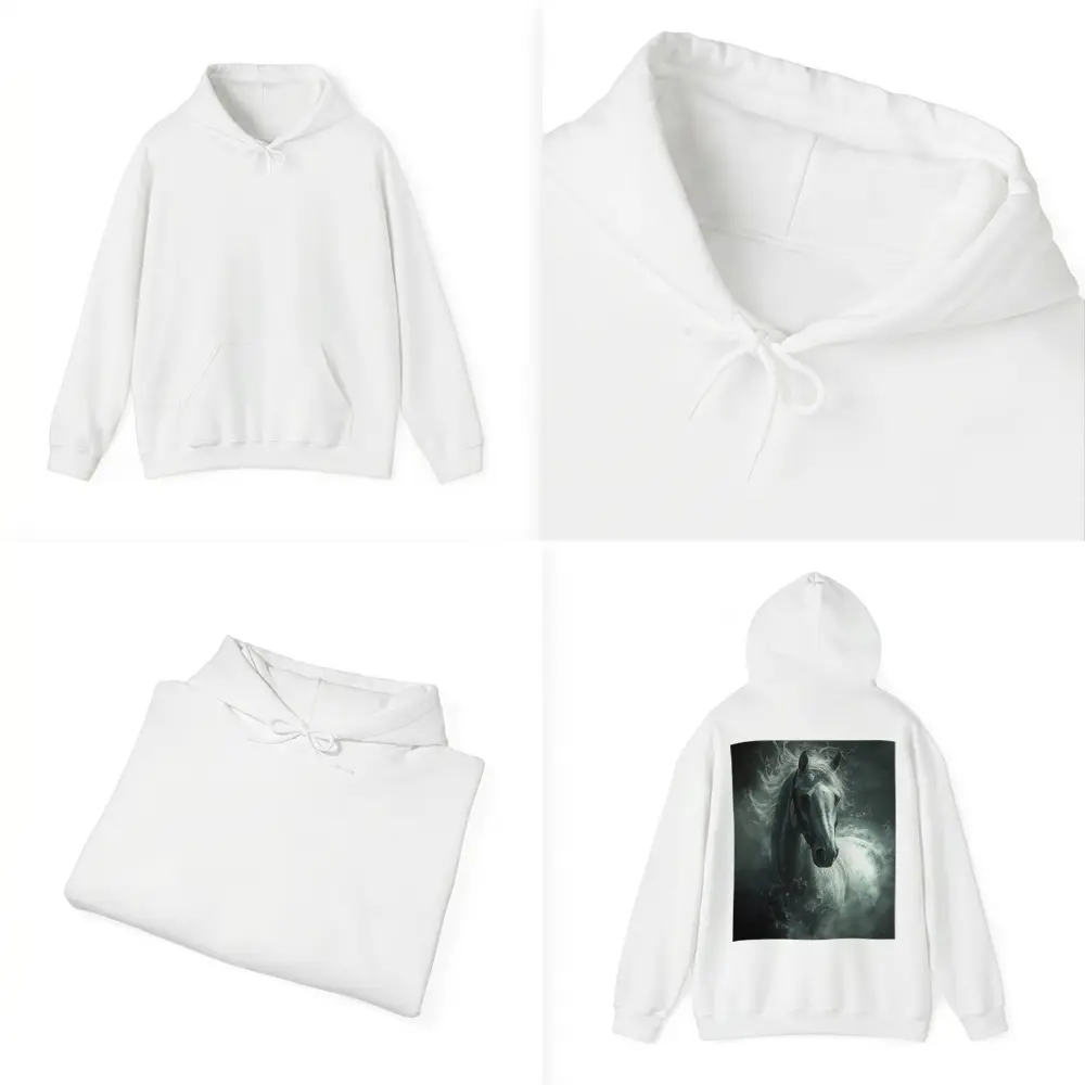 White Horse Emerging From Dark Misty Clouds – Hoodies