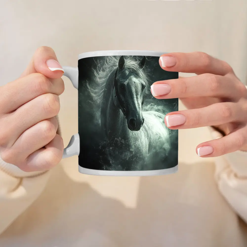 White Horse Emerging From Dark Misty Clouds – Mugs