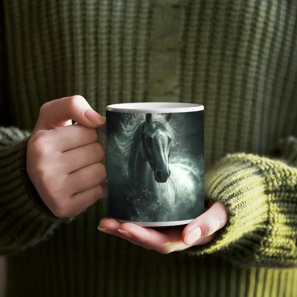 White Horse Emerging From Dark Misty Clouds – Mugs