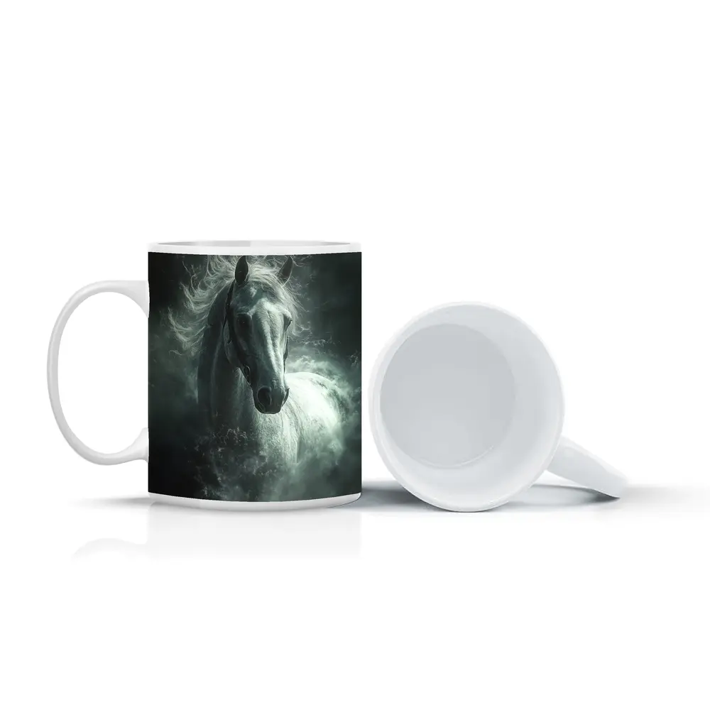 White Horse Emerging From Dark Misty Clouds – Mugs