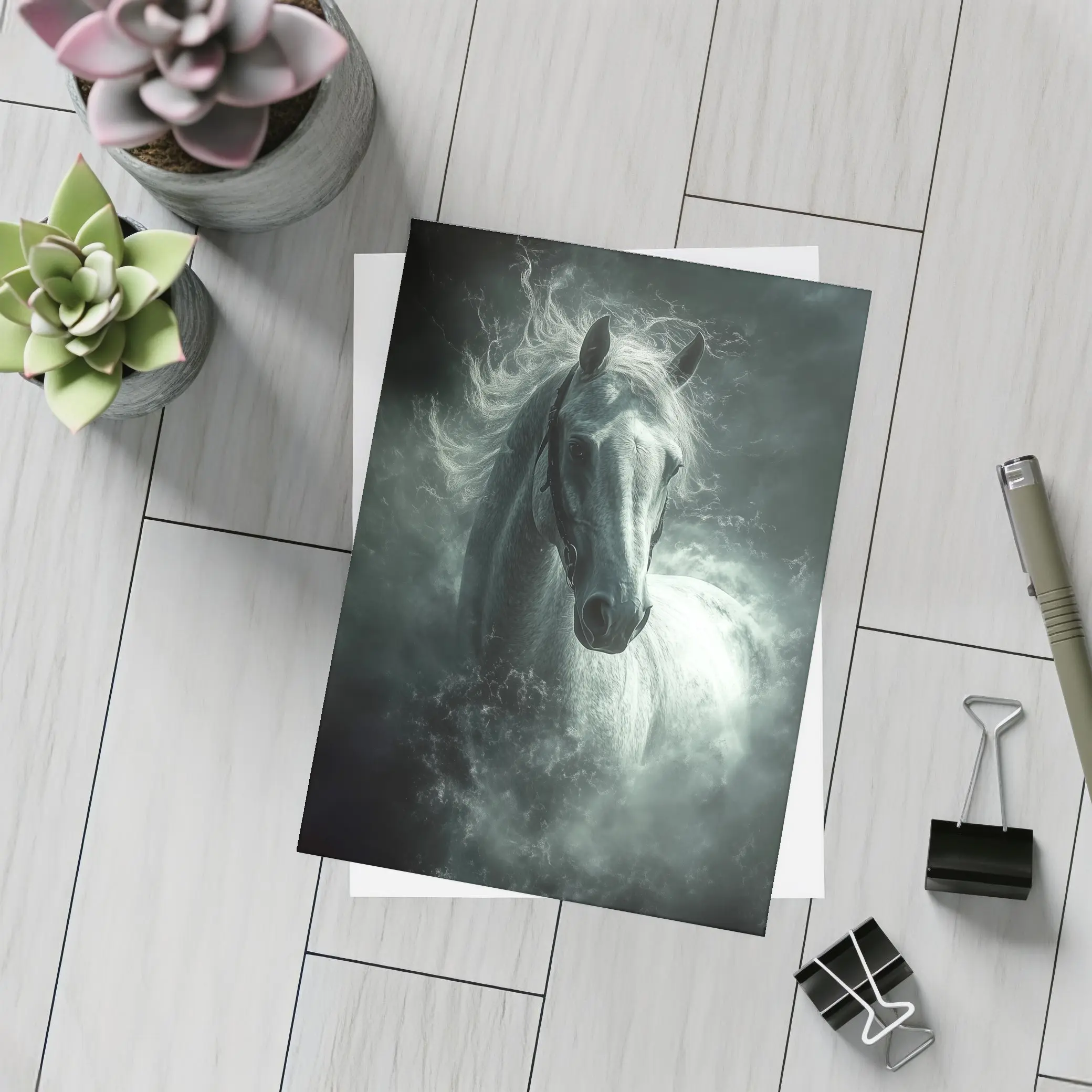 White Horse Emerging From Dark Misty Clouds – Postcards