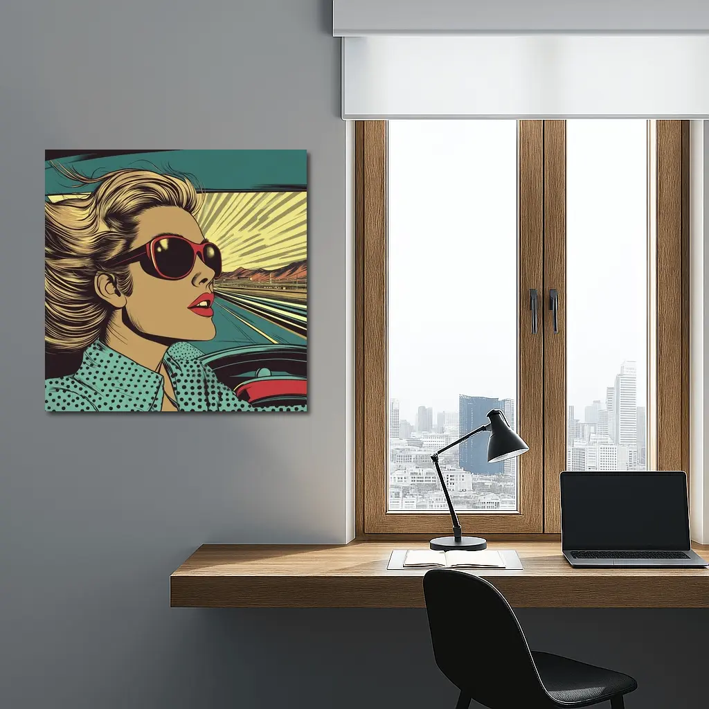 Pop Art Woman Driving Convertible Open Road – Wall Art