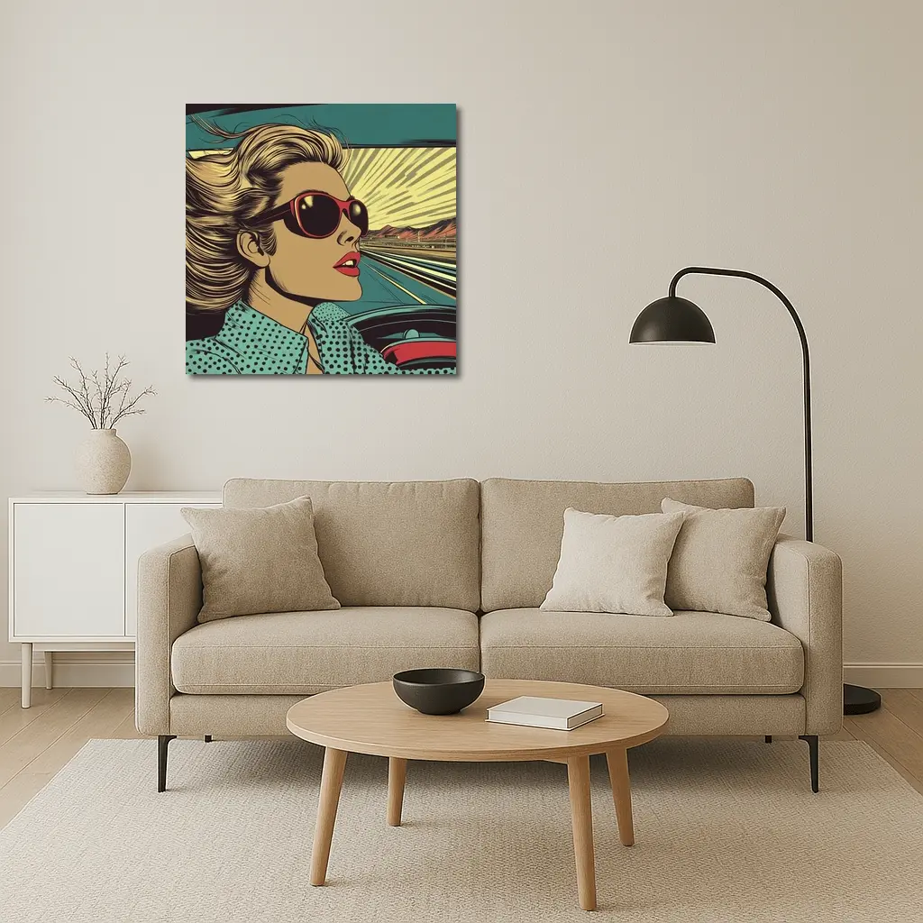 Pop Art Woman Driving Convertible Open Road – Wall Art