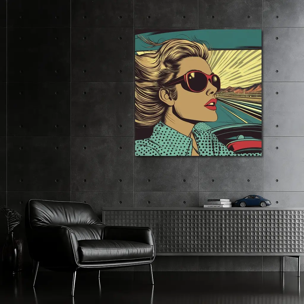 Pop Art Woman Driving Convertible Open Road – Wall Art