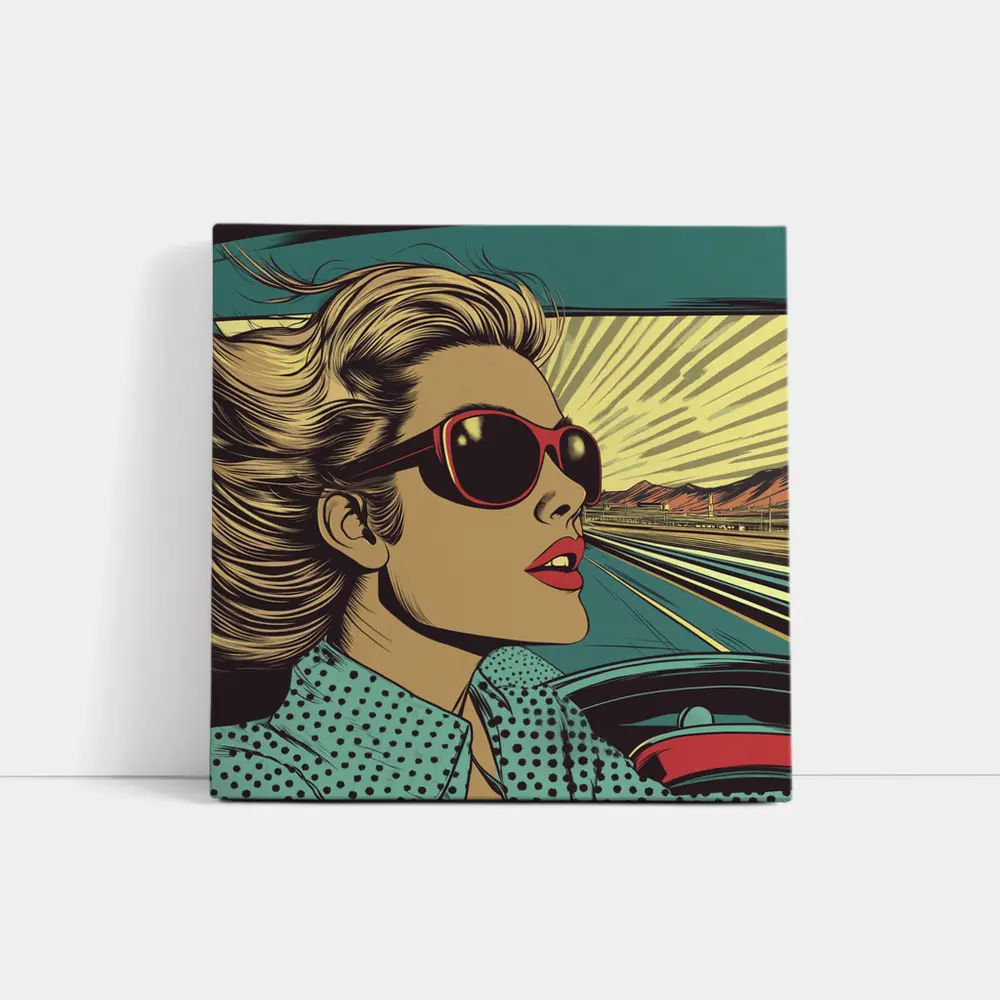 Pop Art Woman Driving Convertible Open Road – Wall Art