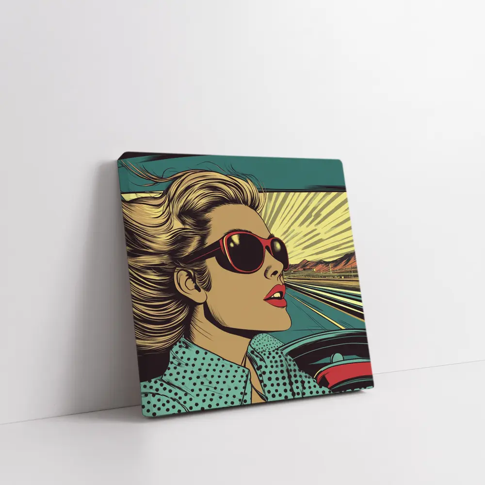 Pop Art Woman Driving Convertible Open Road – Wall Art