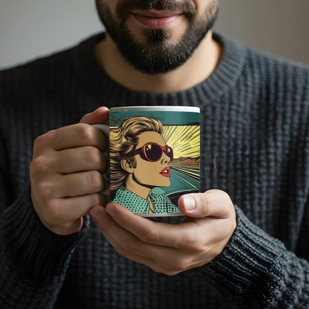 Pop Art Woman Driving Convertible Open Road – Mugs