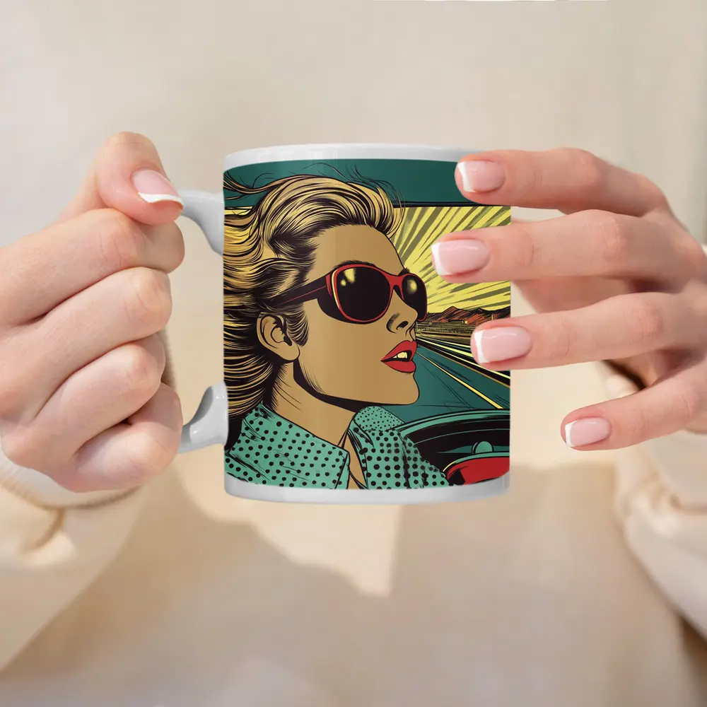 Pop Art Woman Driving Convertible Open Road – Mugs