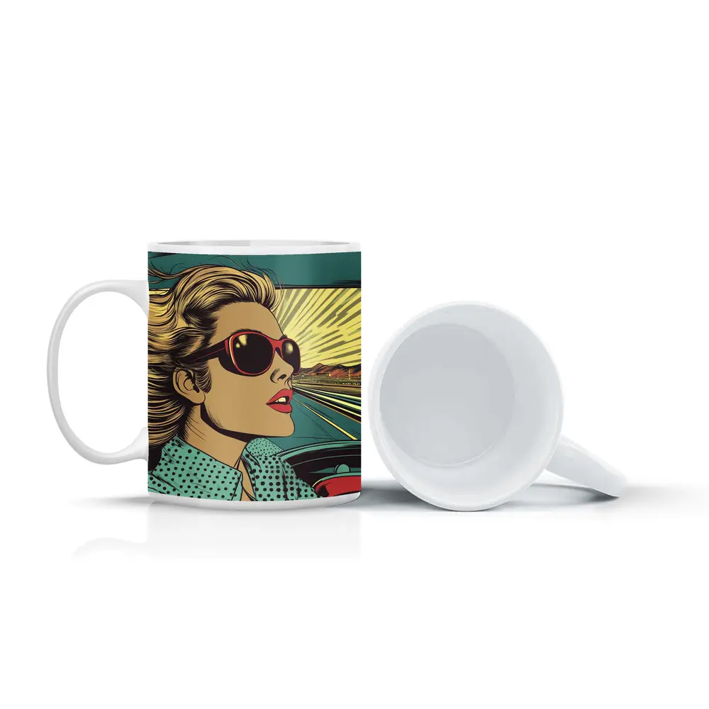 Pop Art Woman Driving Convertible Open Road – Mugs