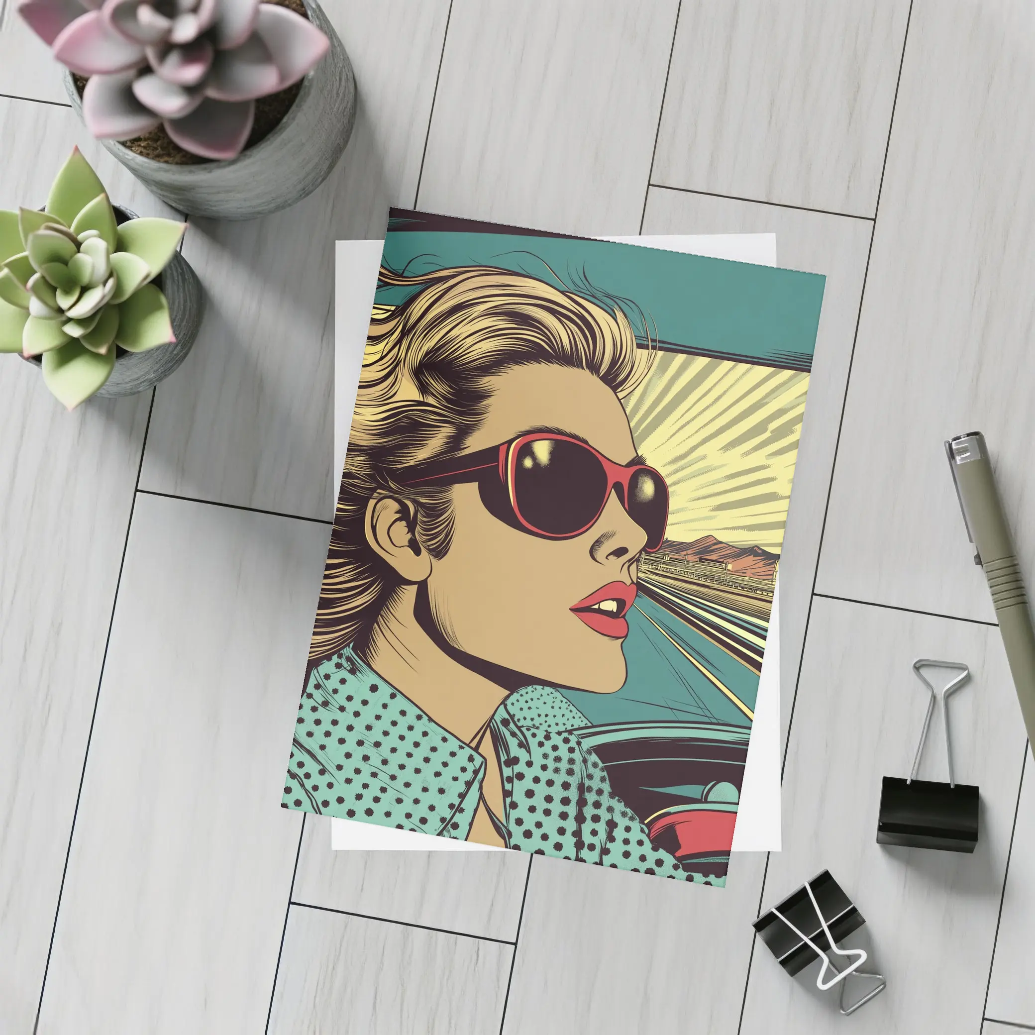 Pop Art Woman Driving Convertible Open Road – Postcards