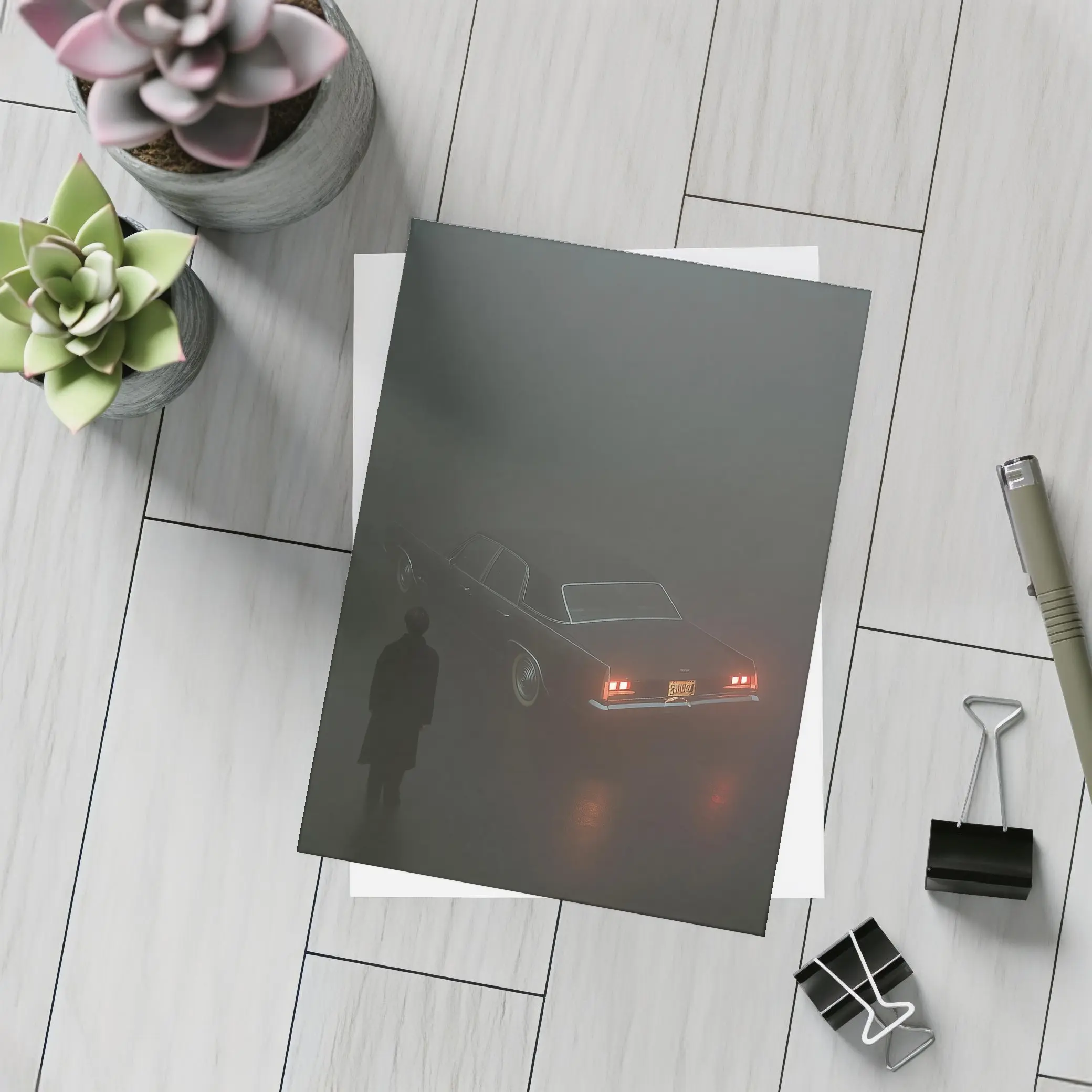 Dark Chevrolet Impala Figure Foggy Night – Postcards