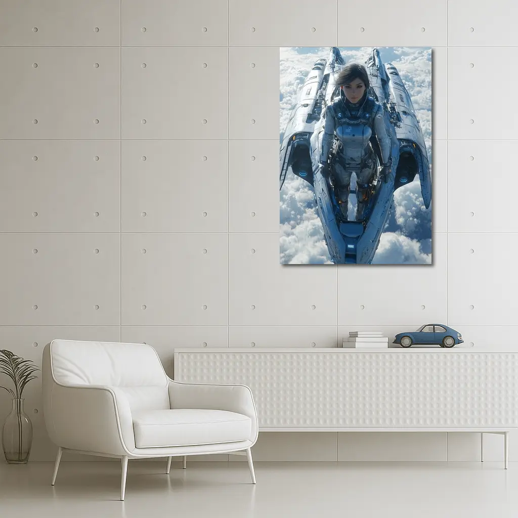 Female Pilot Riding Futuristic Spaceship Above Clouds – Wall Art