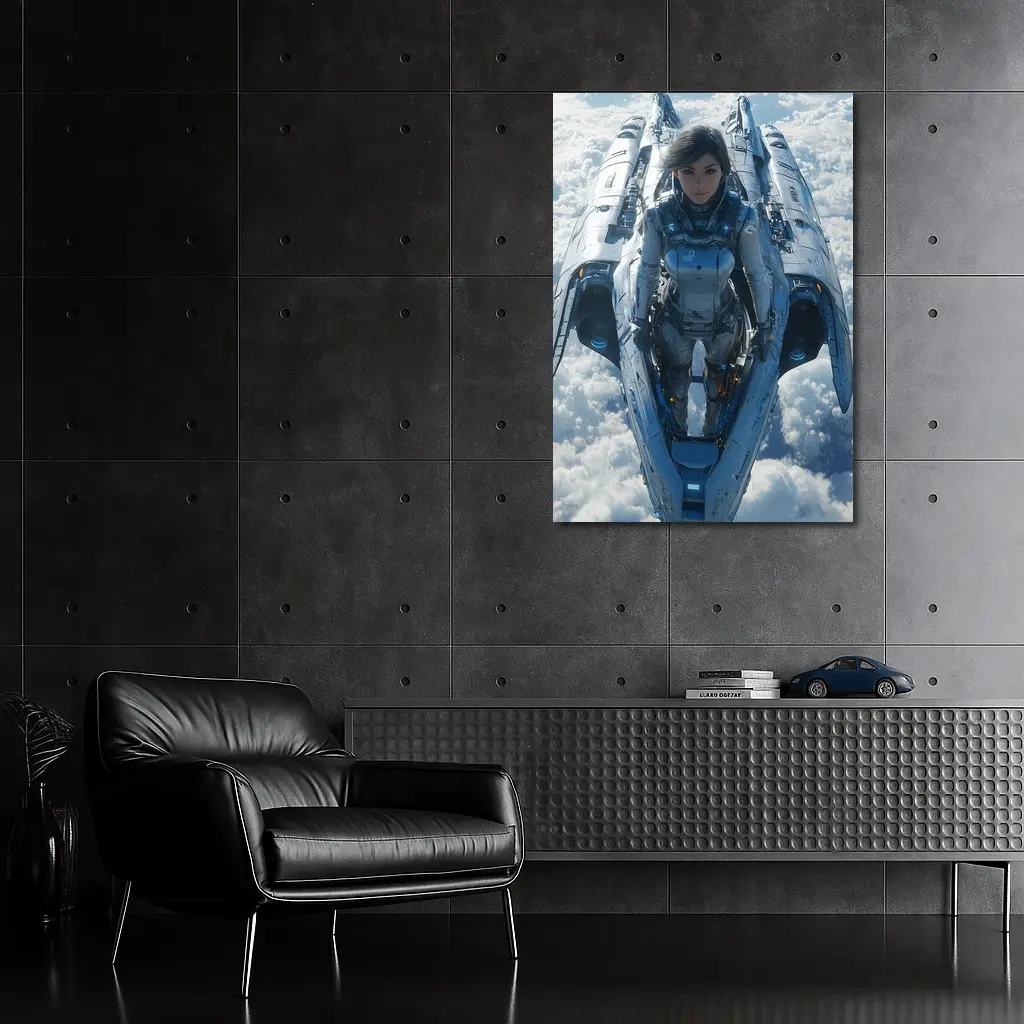 Female Pilot Riding Futuristic Spaceship Above Clouds – Wall Art