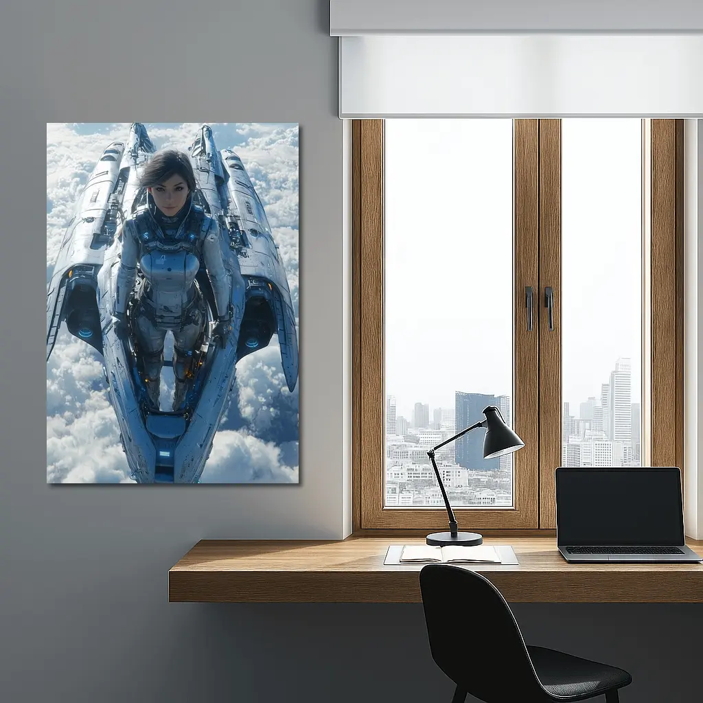 Female Pilot Riding Futuristic Spaceship Above Clouds – Wall Art