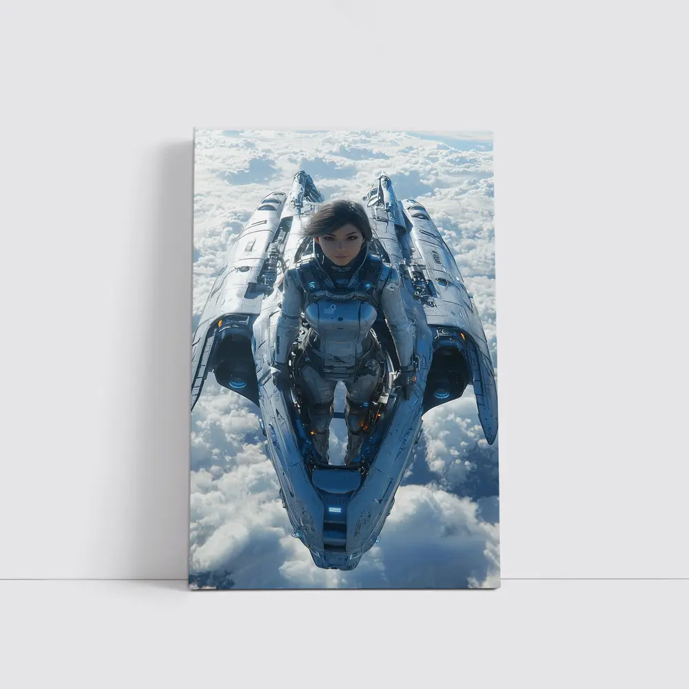 Female Pilot Riding Futuristic Spaceship Above Clouds – Wall Art