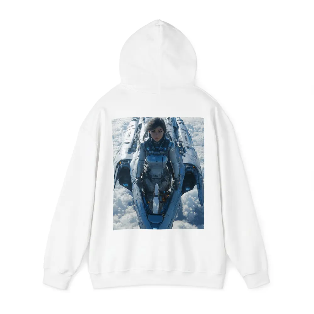 Female Pilot Riding Futuristic Spaceship Above Clouds – Hoodies