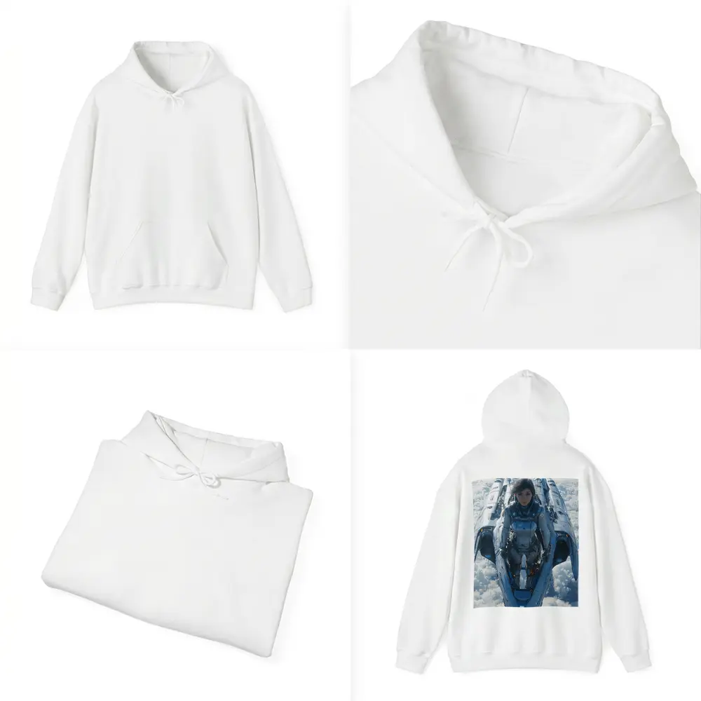 Female Pilot Riding Futuristic Spaceship Above Clouds – Hoodies