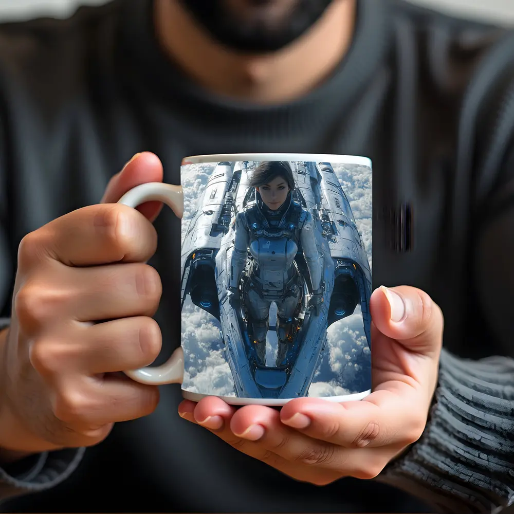 Female Pilot Riding Futuristic Spaceship Above Clouds – Mugs