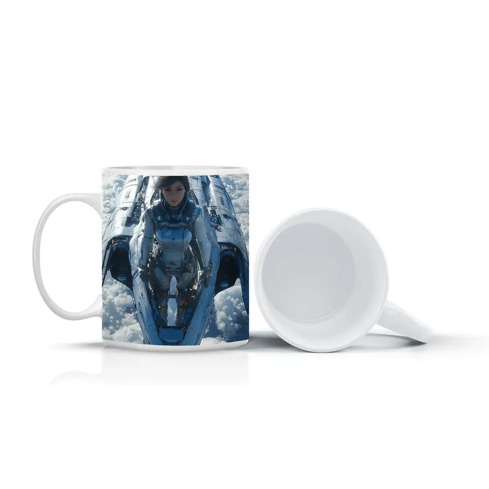 Female Pilot Riding Futuristic Spaceship Above Clouds – Mugs