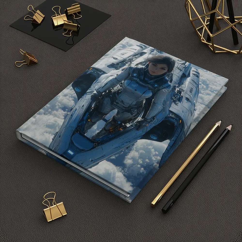 Female Pilot Riding Futuristic Spaceship Above Clouds – Notebooks