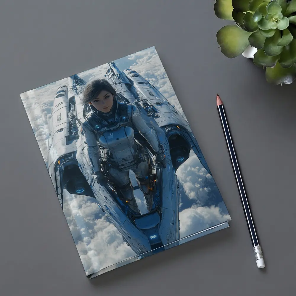 Female Pilot Riding Futuristic Spaceship Above Clouds – Notebooks