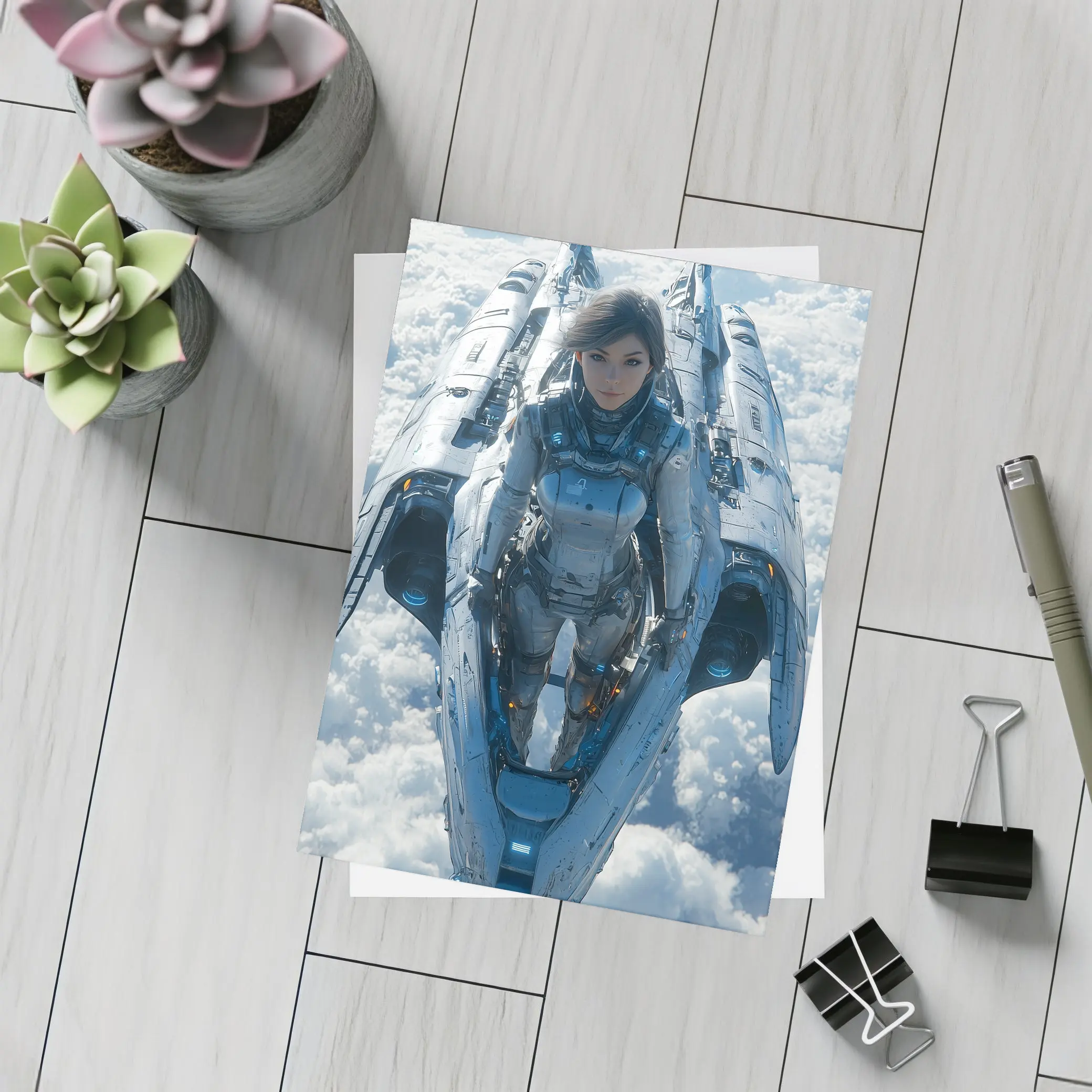 Female Pilot Riding Futuristic Spaceship Above Clouds – Postcards