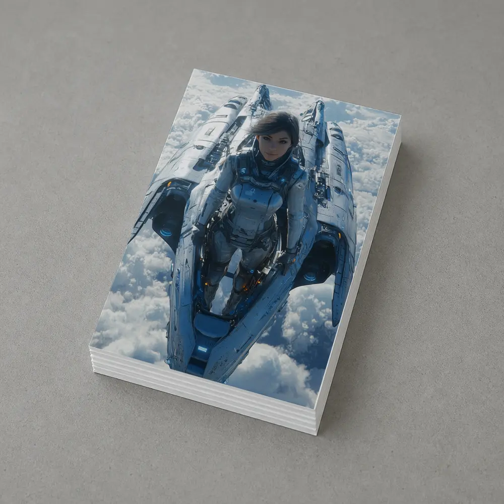 Female Pilot Riding Futuristic Spaceship Above Clouds – Postcards