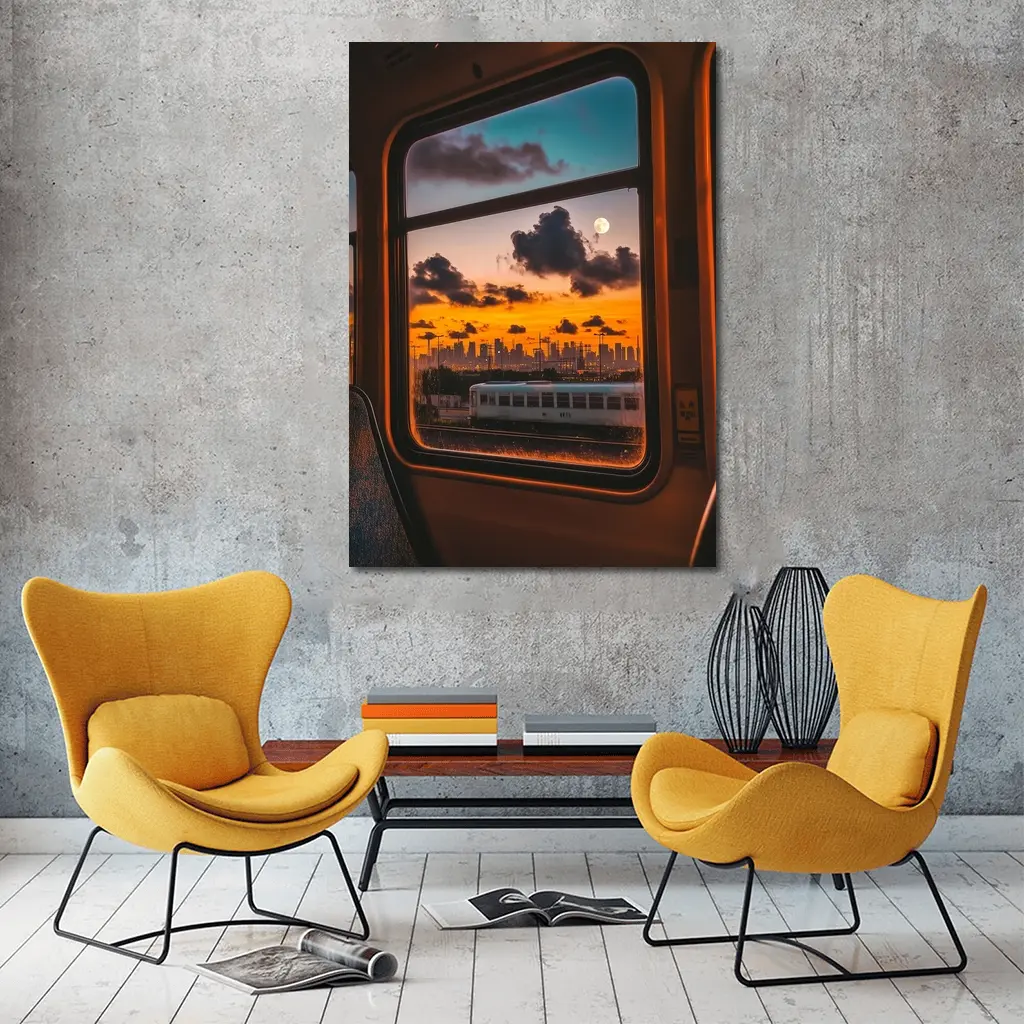City Skyline Sunset View Train Window – Wall Art