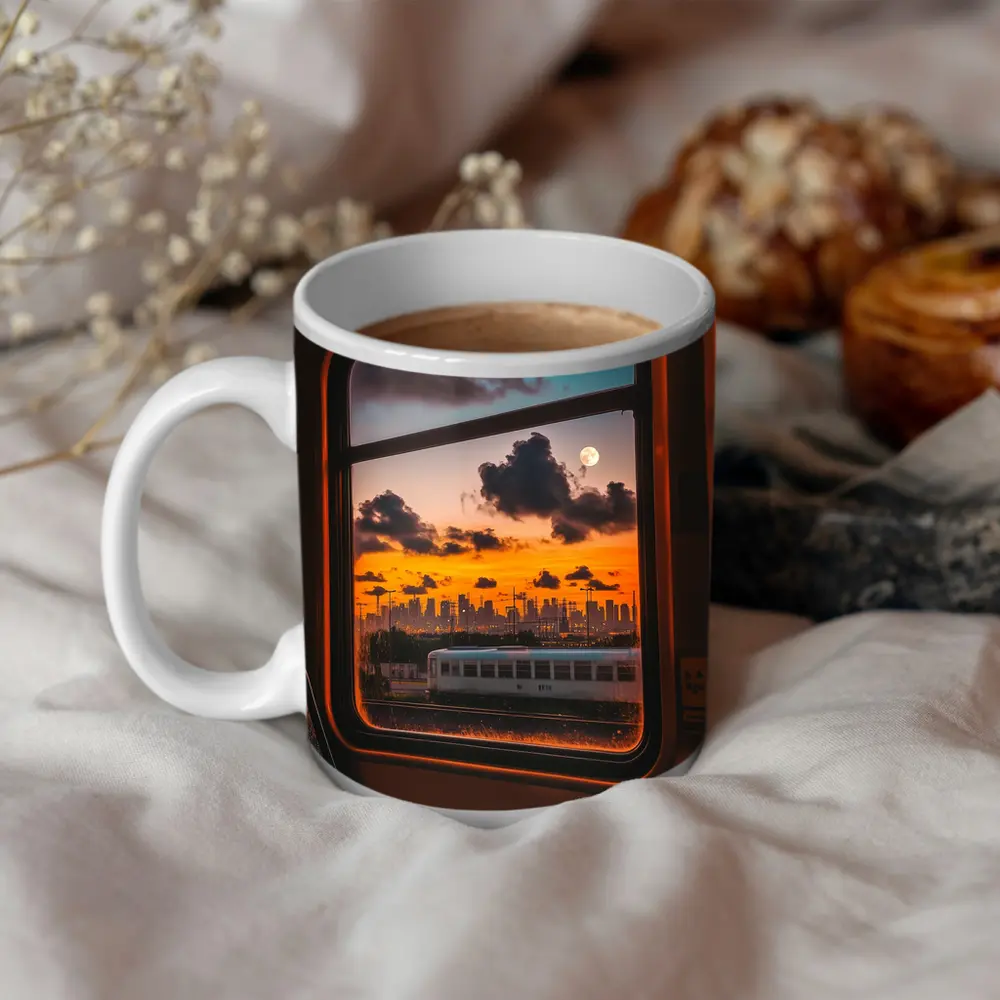 City Skyline Sunset View Train Window – Mugs
