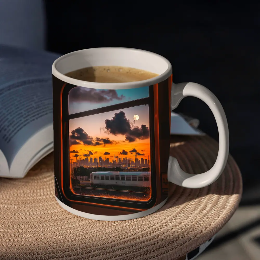 City Skyline Sunset View Train Window – Mugs