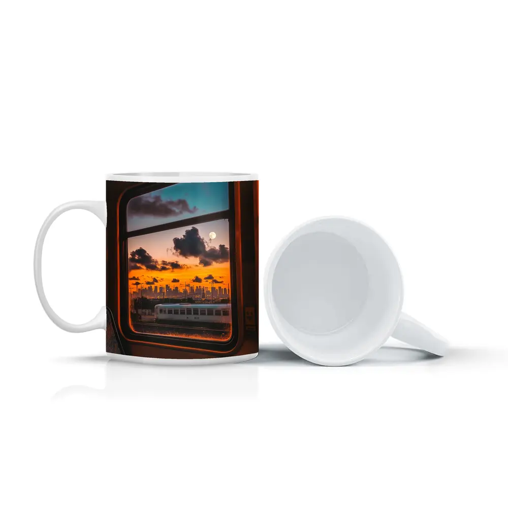 City Skyline Sunset View Train Window – Mugs