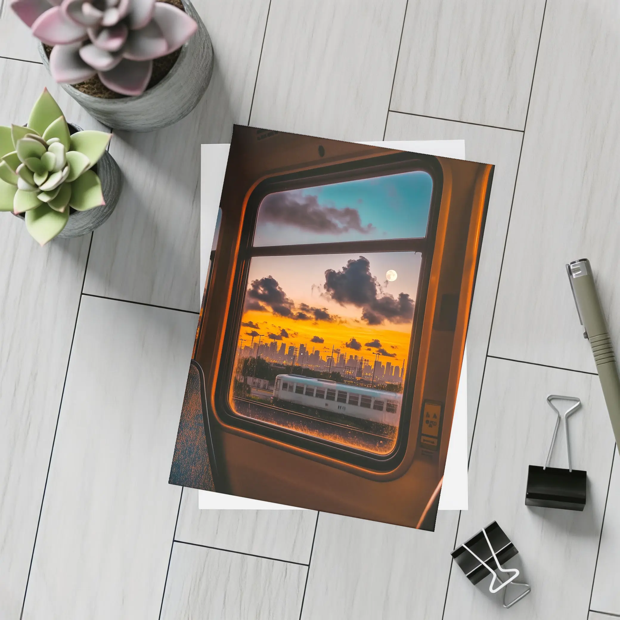 City Skyline Sunset View Train Window – Postcards