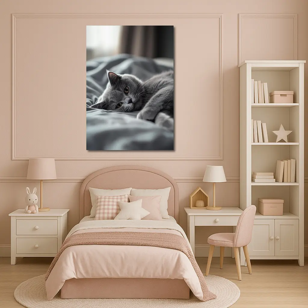 British Shorthair Cat Resting On Gray Bedding – Wall Art