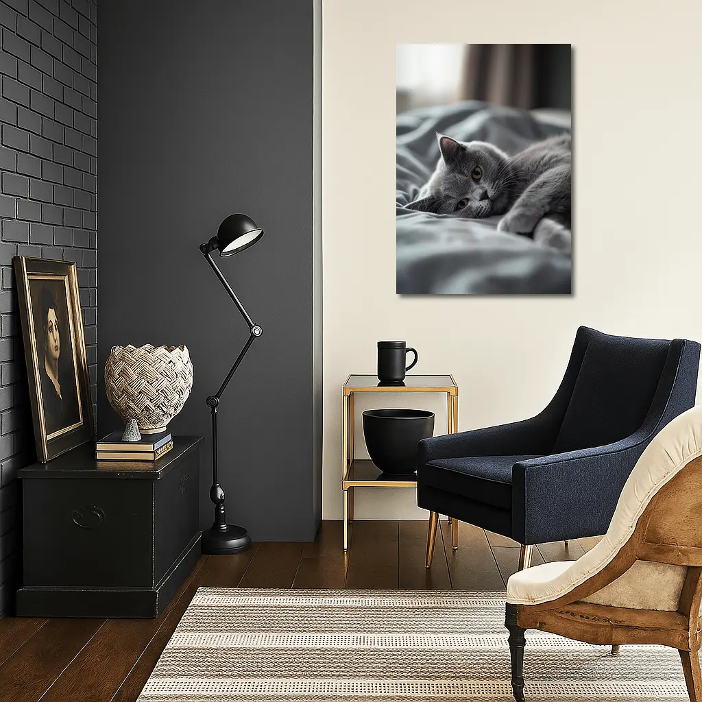 British Shorthair Cat Resting On Gray Bedding – Wall Art