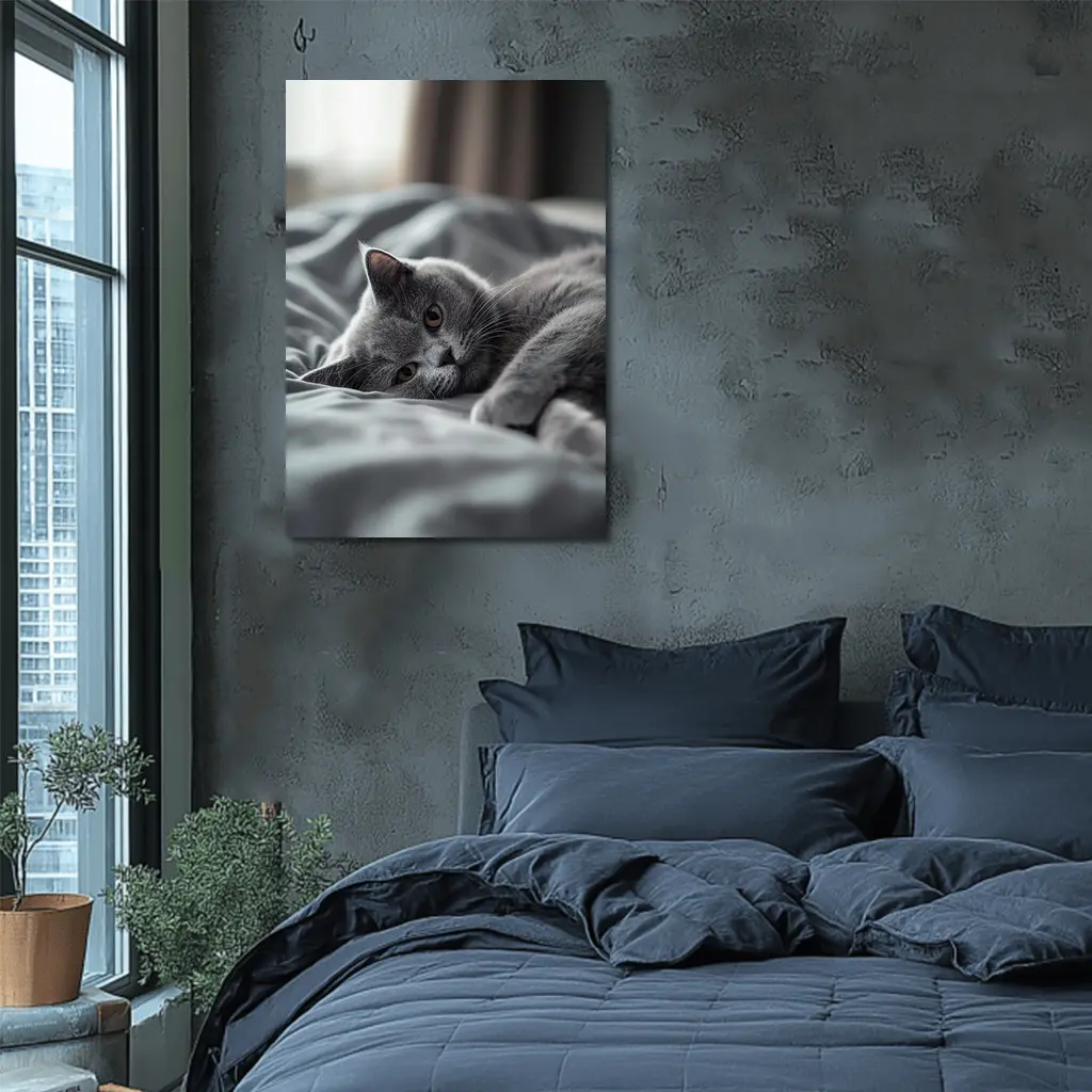 British Shorthair Cat Resting On Gray Bedding – Wall Art