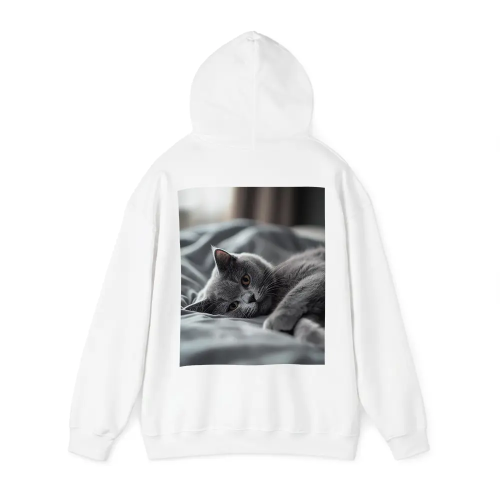 British Shorthair Cat Resting On Gray Bedding – Hoodies