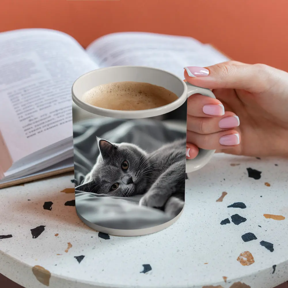 British Shorthair Cat Resting On Gray Bedding – Mugs