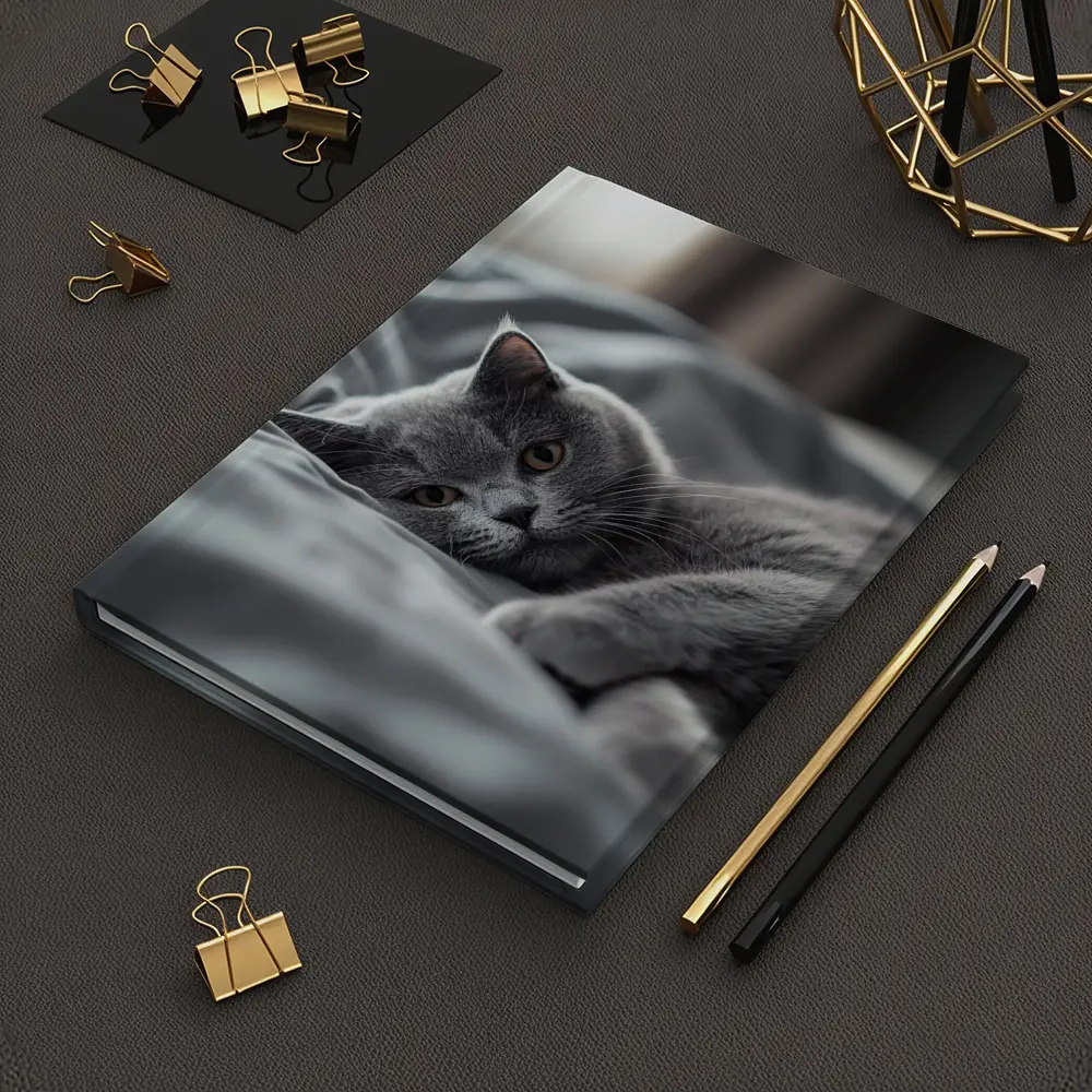 British Shorthair Cat Resting On Gray Bedding – Notebooks