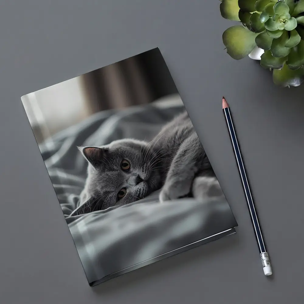 British Shorthair Cat Resting On Gray Bedding – Notebooks