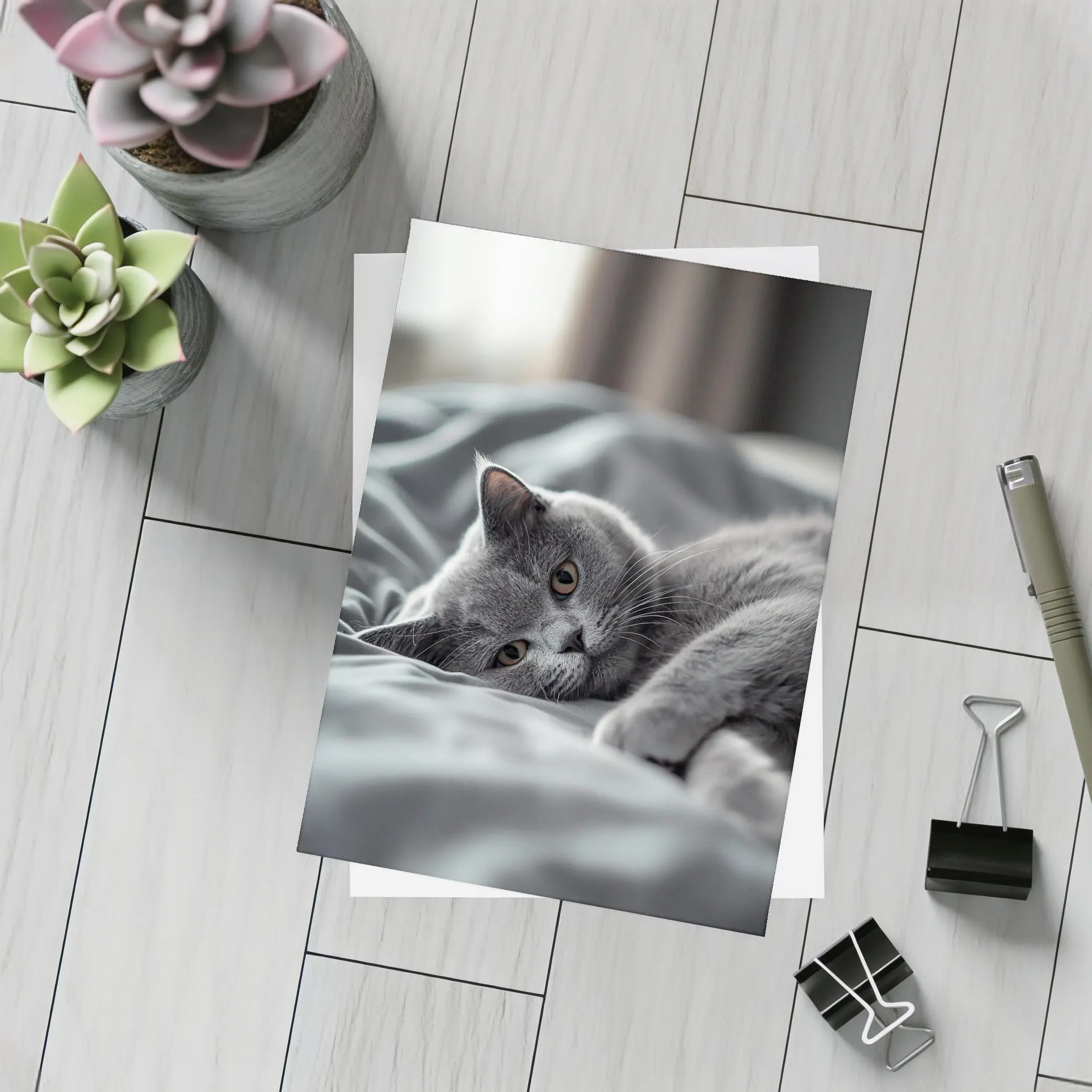 British Shorthair Cat Resting On Gray Bedding – Postcards