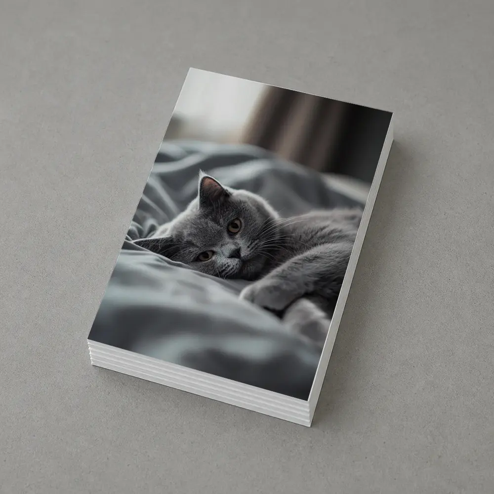 British Shorthair Cat Resting On Gray Bedding – Postcards
