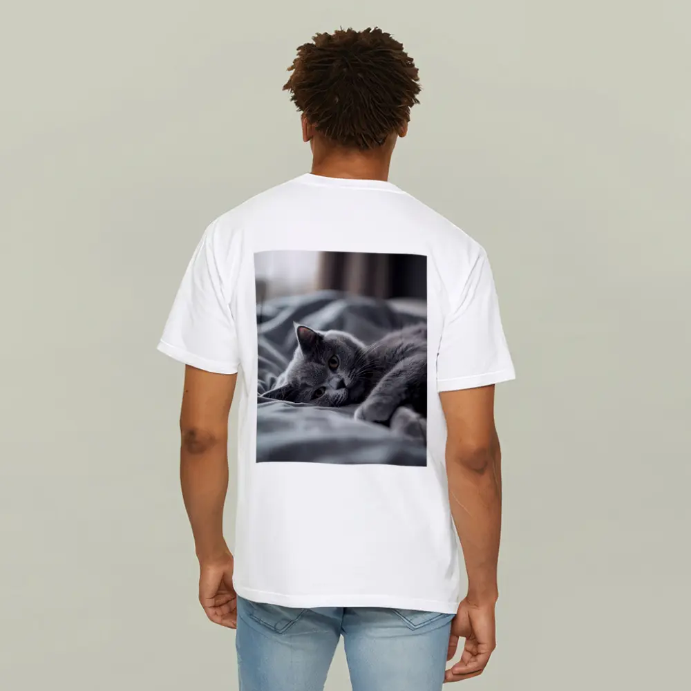 British Shorthair Cat Resting On Gray Bedding – T-Shirts