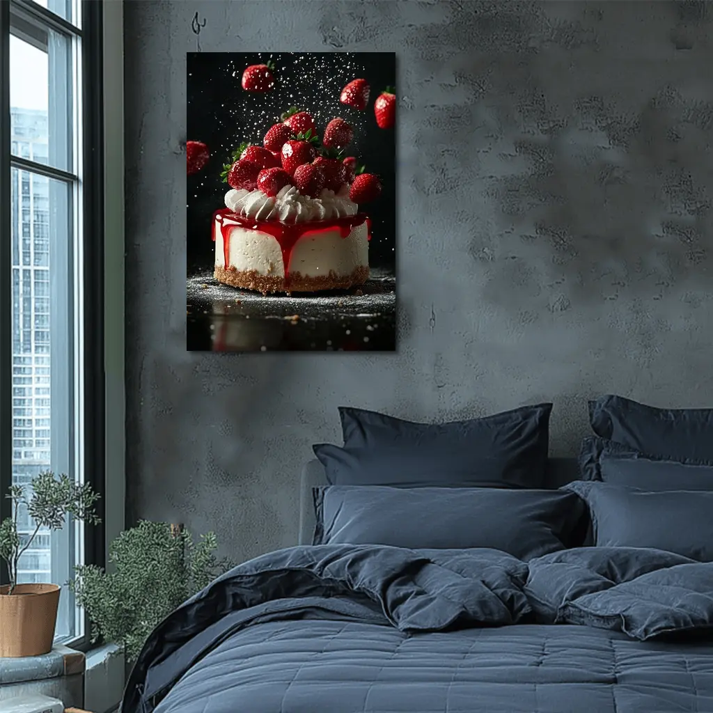 Strawberry Cheesecake Dark Background Food Art – Wall Art